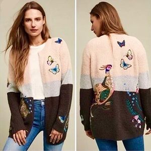 Anthropologie Rare Embroidered HWR Peacock Butterfly Fish Knit Cardigan